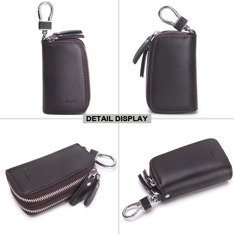 Contacts Leather Car Key Case, Mens Key Chain Hooks Pocket with Keyring Zipper Key Fob Organizer for Men Women - Image 4